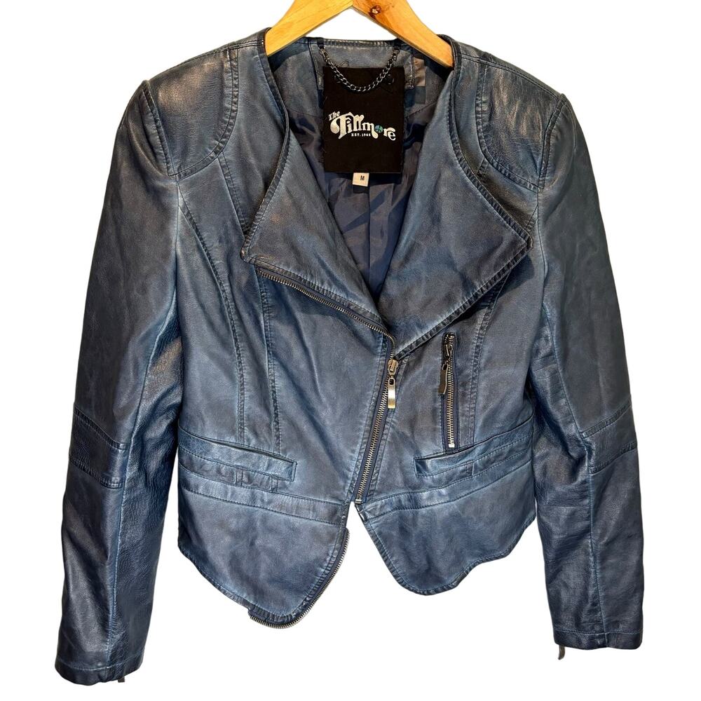 The Fillmore Blue Faux Leather Moto Jacket - size Medium